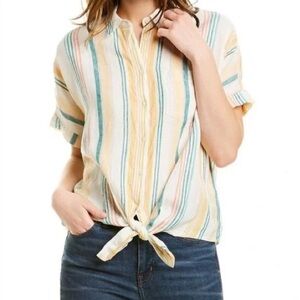 MADEWELL Linen Short Sleeve Tie-Front Shirt Pineapple Stripe Small Summer Beach